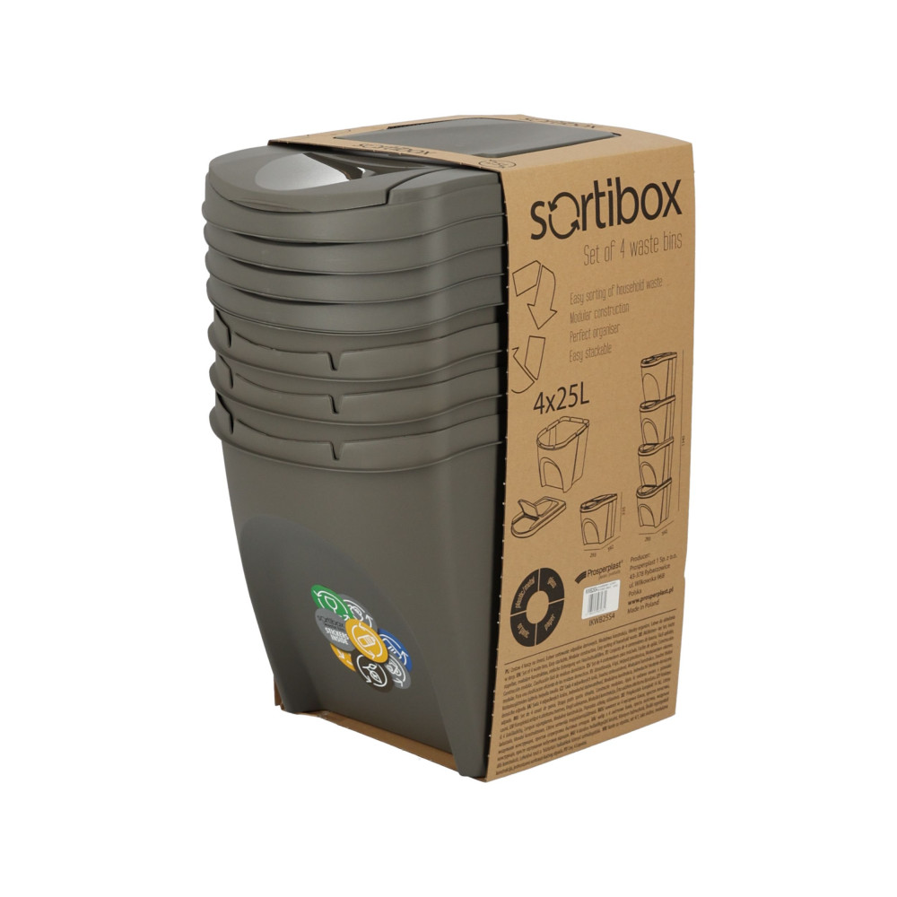 Kosze do segregacji śmieci Sortibox 4x25 l szare - zestaw - IKWB25S4-405U - Prosperplast - 11