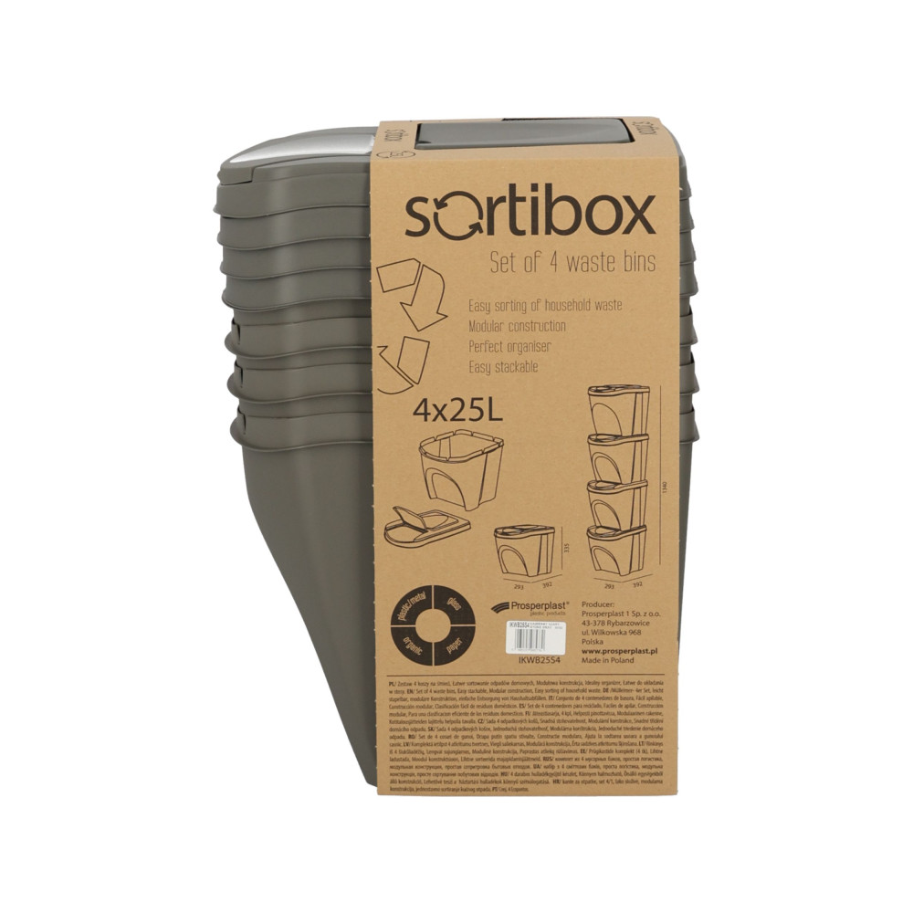 Kosze do segregacji śmieci Sortibox 4x25 l szare - zestaw - IKWB25S4-405U - Prosperplast - 12