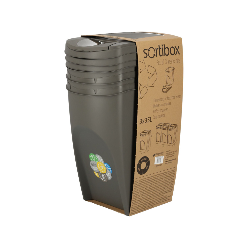 Kosze do segregacji śmieci Sortibox 3x35 l szare - zestaw - IKWB35S3-405U - Prosperplast - 10