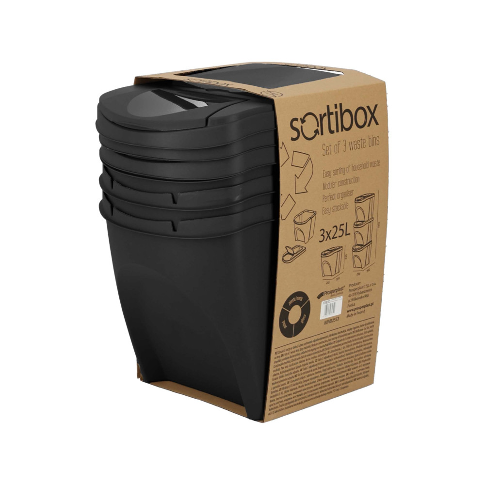 Kosze do segregacji śmieci Sortibox 3x25 l antracytowe - zestaw - IKWB25S3-S433 - Prosperplast - 10