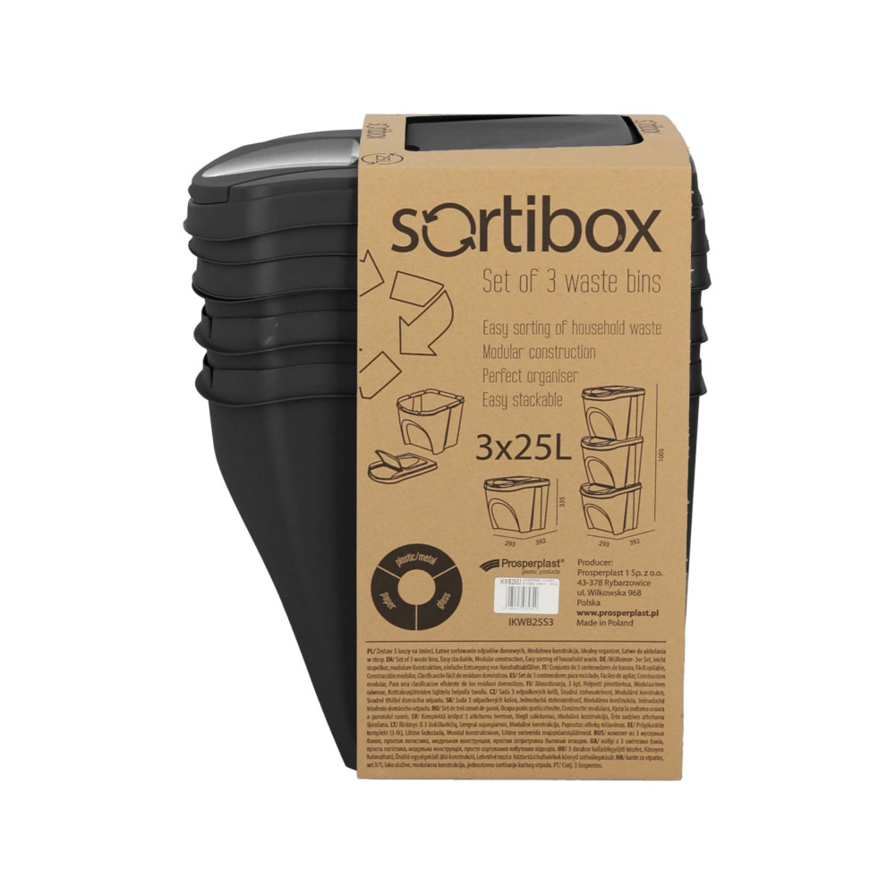 Kosze do segregacji śmieci Sortibox 3x25 l antracytowe - zestaw - IKWB25S3-S433 - Prosperplast - 11