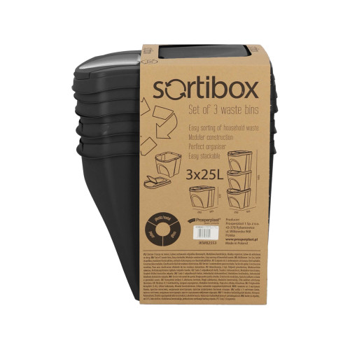Kosze do segregacji śmieci Sortibox 3x25 l antracytowe - zestaw - IKWB25S3-S433 - Prosperplast - 11