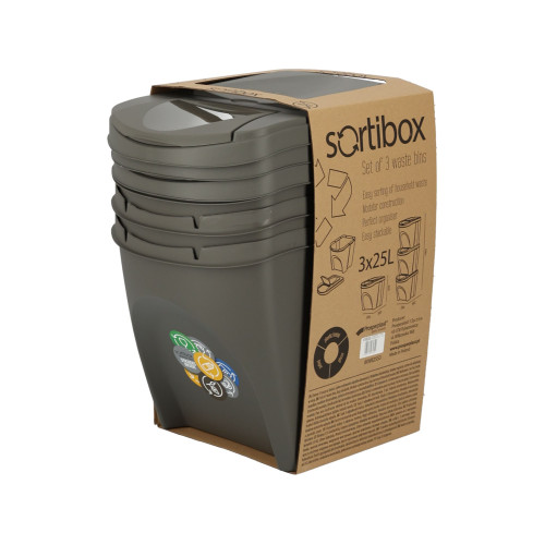 Kosze do segregacji śmieci Sortibox 3x25 l szare - zestaw - IKWB25S3-405U - Prosperplast - 10