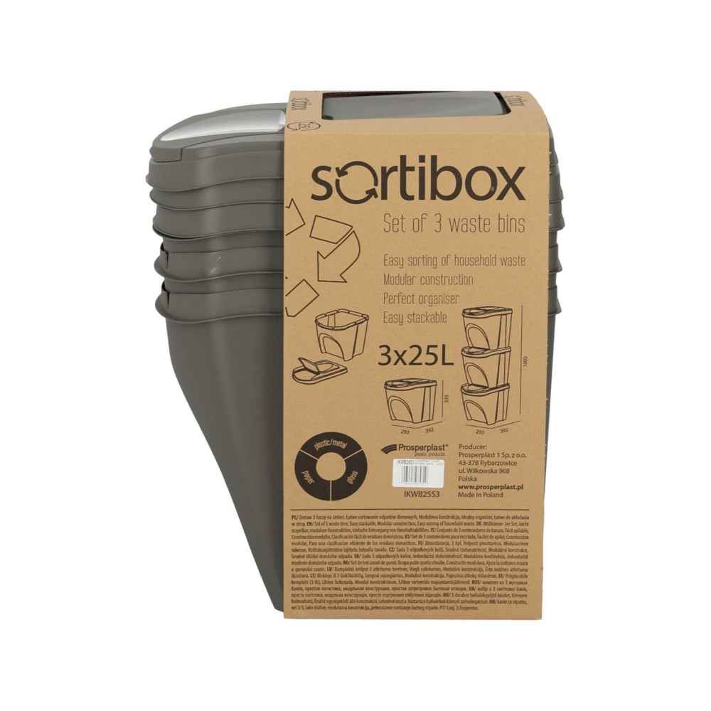 Kosze do segregacji śmieci Sortibox 3x25 l szare - zestaw - IKWB25S3-405U - Prosperplast - 11