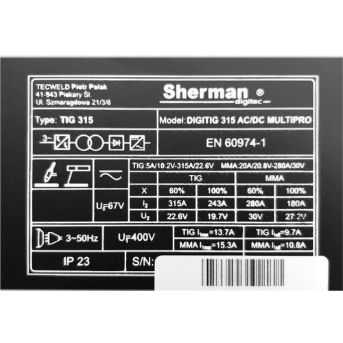 Spawarka Sherman DIGITIG 315 AC/DC Multipro - zestaw - 7812396-G - Sherman - 8