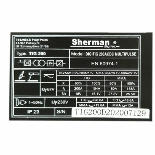 Spawarka Sherman DIGITIG 200 AC/DC Multipulse - zestaw - 7812422-G - Sherman - 10