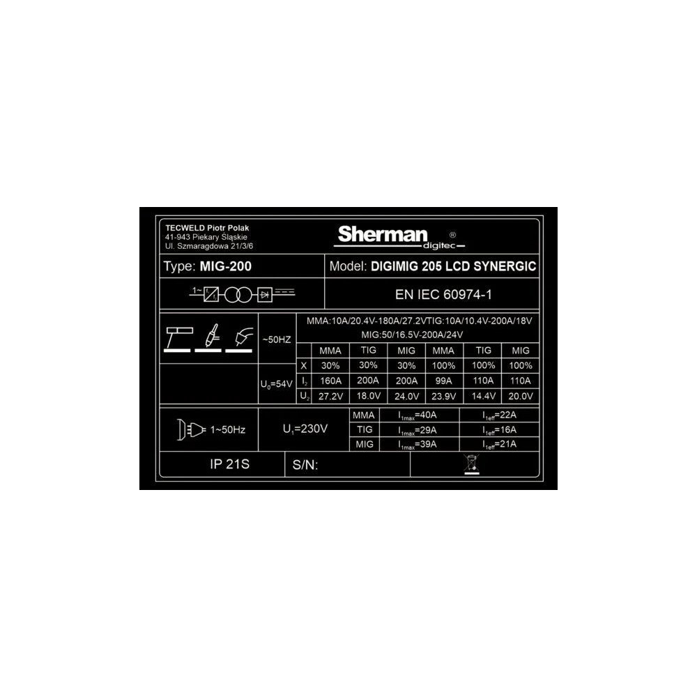 Spawarka Sherman DIGIMIG 205 LCD Synergic - zestaw - 7812697-G - Sherman - 20
