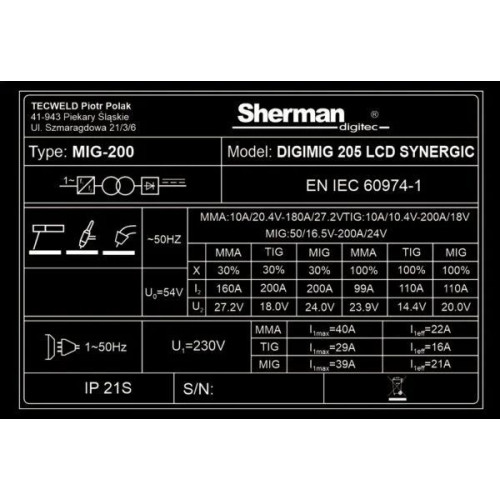 Spawarka Sherman DIGIMIG 205 LCD Synergic - zestaw - 7812697-G - Sherman - 20
