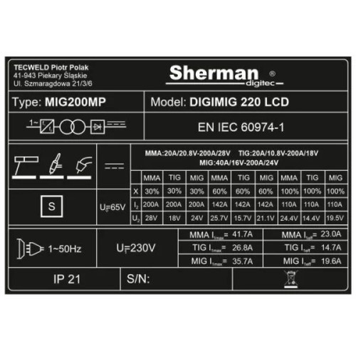 Spawarka Sherman DIGIMIG 220 LCD Synergia - zestaw - 7812689-G - Sherman - 16