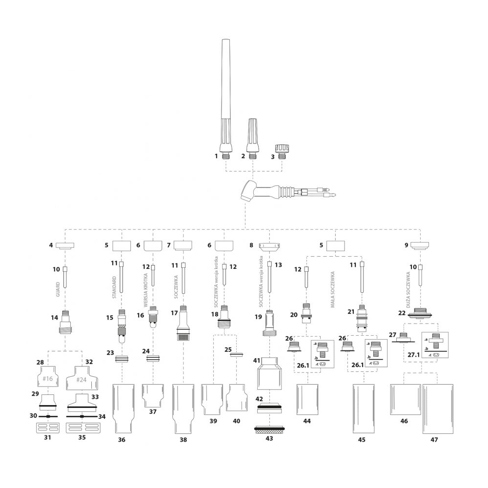 Zestaw części QUARTZSystem 17/18/26 soczewka wersja krótka / 1,6 mm / dysza kielich S / Spartus - NW17-28D21-16-KPL - Spartus - 