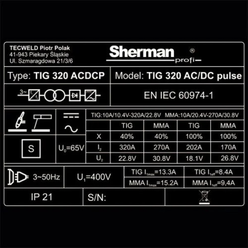 Spawarka Sherman TIG 320 AC/DC Pulse - zestaw wodny WS-7,5LT - 7811748-G - Sherman - 17