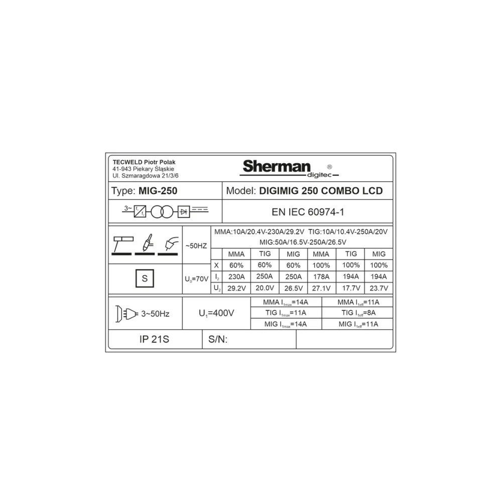 Spawarka Sherman DIGIMIG 250 Combo LCD Synergic - 7812699-G - Sherman - 13