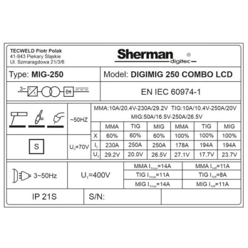 Spawarka Sherman DIGIMIG 250 Combo LCD Synergic - 7812699-G - Sherman - 13