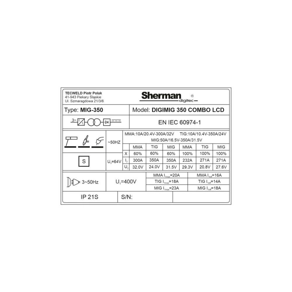 Spawarka Sherman DIGIMIG 350 Combo LCD Synergic - 7812700-G - Sherman - 13