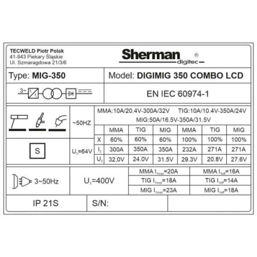 Spawarka Sherman DIGIMIG 350 Combo LCD Synergic - 7812700-G - Sherman - 13