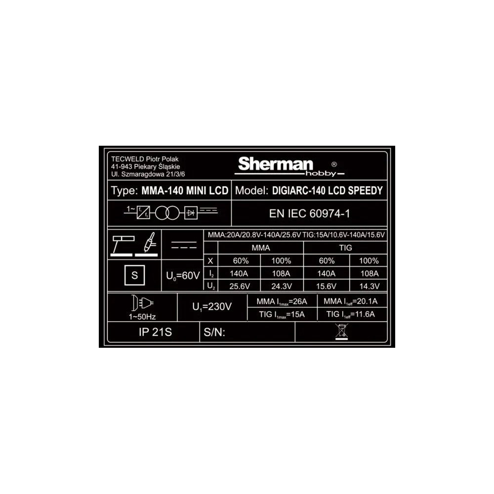 Spawarka Sherman DIGIARC 140 LCD Speedy - zestaw - 7812656-G - Sherman - 14