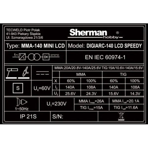 Spawarka Sherman DIGIARC 140 LCD Speedy - zestaw - 7812656-G - Sherman - 14