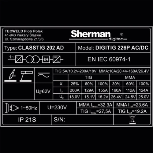 Spawarka Sherman DIGITIG 226P AC/DC Pulse - zestaw - 7812755-G - Sherman - 12