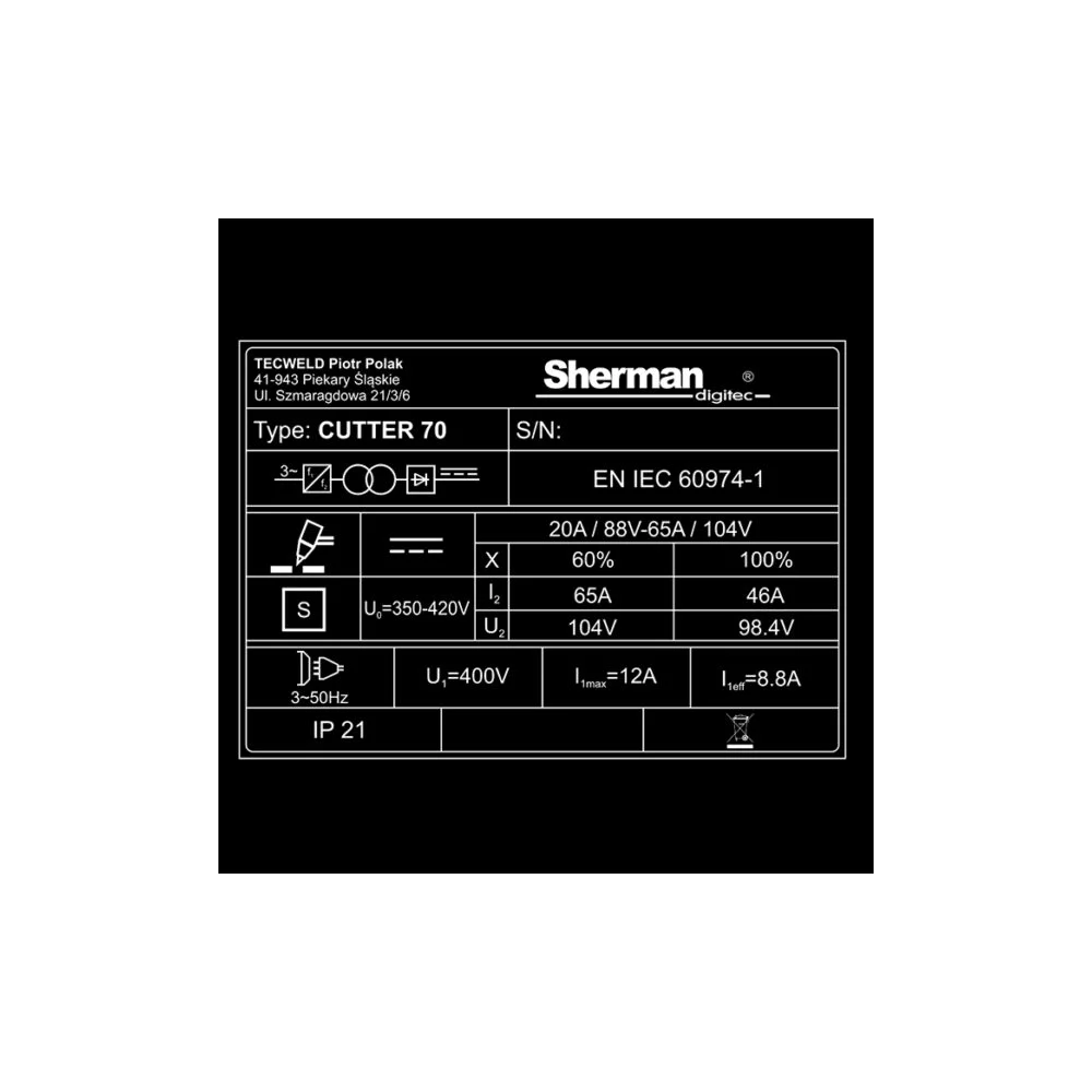 Przecinarka plazmowa Sherman CUTTER 70 - zestaw - SINW-CUTTER70 - Sherman - 12