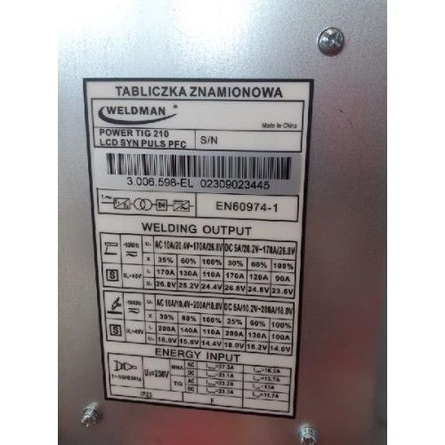 Spawarka Weldman Power TIG 210 AC/DC LCD Synergic Puls PFC - zestaw - 104 413-G - Weldman - 9