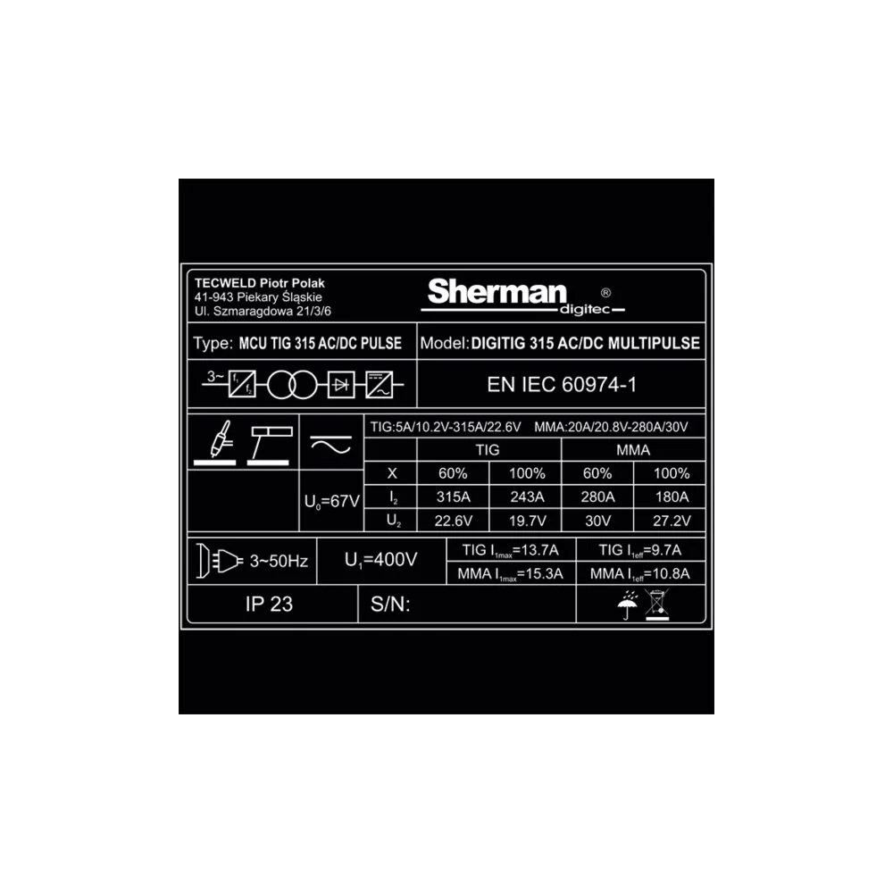 Spawarka Sherman DIGITIG 315 AC/DC Multipulse - zestaw wodny - 7812742-G - Sherman - 17