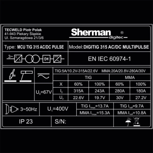 Spawarka Sherman DIGITIG 315 AC/DC Multipulse - zestaw wodny - 7812742-G - Sherman - 17