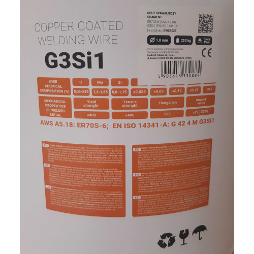 Drut spawalniczy MIG SG2 G3Si1 fi 1,0 mm / beczka 250 kg / Gradient - GWC1025 - Gradient - 1 2