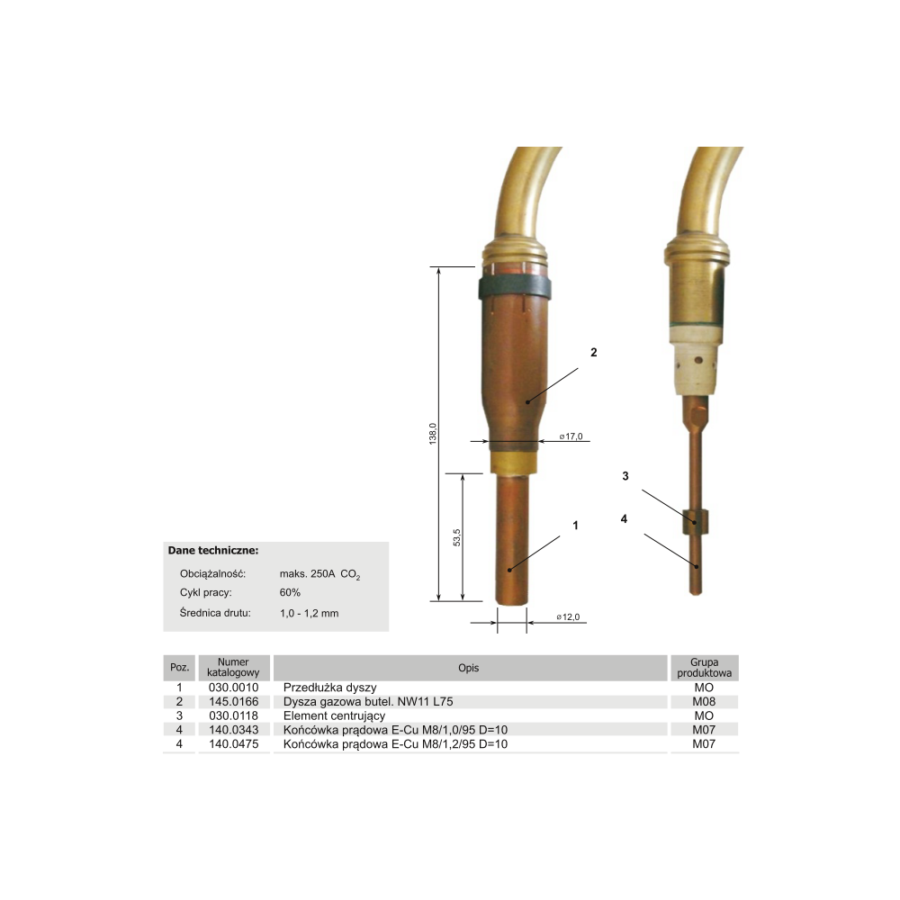 Dysza gazowa butelkowa Binzel MB-401/501 L-75 mm - 145.0166 - Abicor Binzel - 2