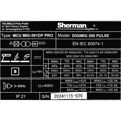 Spawarka Sherman DIGIMIG 500 Pulse - zestaw wodny - 7812711-G - Sherman - 24
