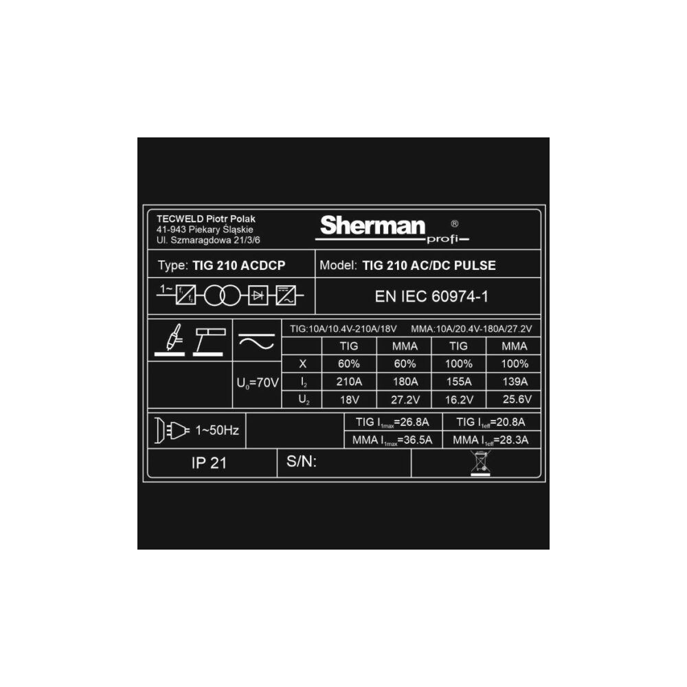 Spawarka Sherman TIG 210 AC/DC Pulse - zestaw - SINW-TIG210ACDCP-G - Sherman - 14