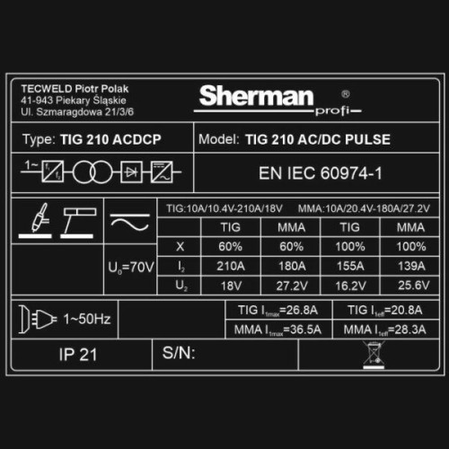Spawarka Sherman TIG 210 AC/DC Pulse - zestaw - SINW-TIG210ACDCP-G - Sherman - 14