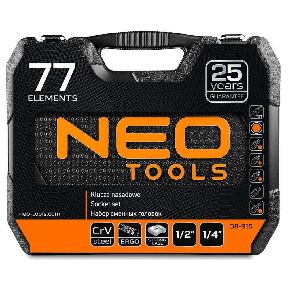 Zestaw kluczy nasadowych 1/2" 1/4" CrV 77 el. Neo Tools - 08-915 - NEO Tools - 8