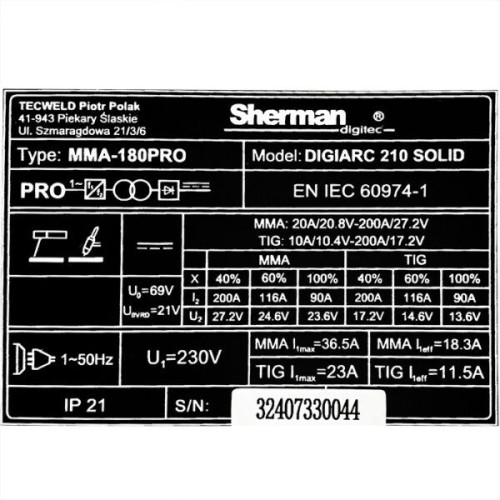 Spawarka Sherman DIGIARC 210 Solid - zestaw - 7812934	-G - Sherman - 12