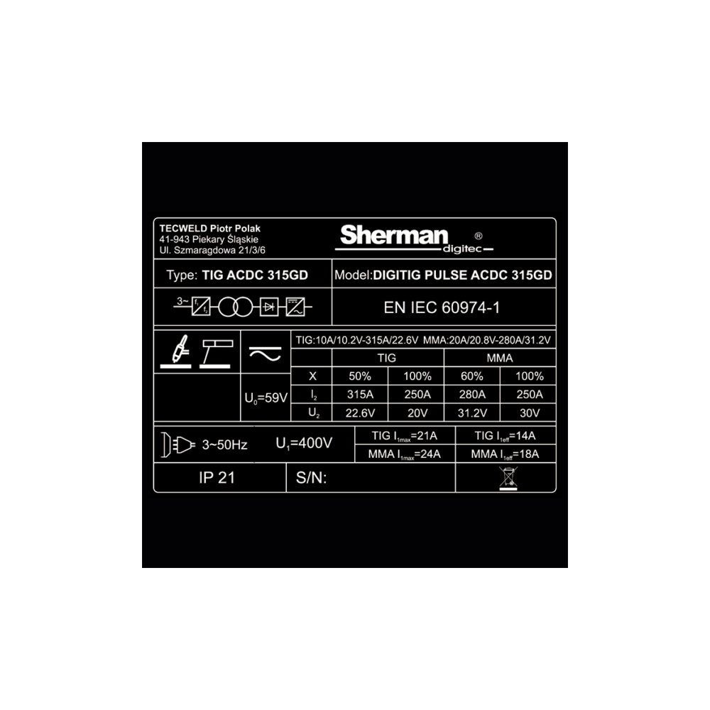 Spawarka Sherman DIGITIG 315GD Pulse AC/DC - zestaw - SDIGITIGPACDC315GD-G - Sherman - 14
