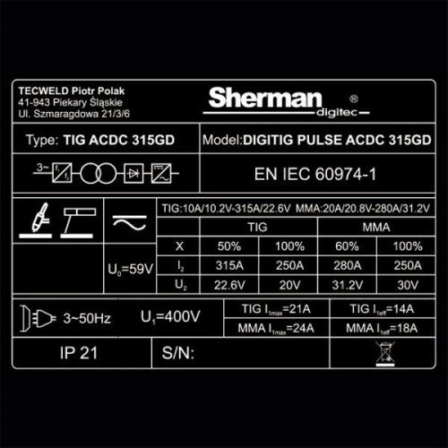 Spawarka Sherman DIGITIG 315GD Pulse AC/DC - zestaw - SDIGITIGPACDC315GD-G - Sherman - 14