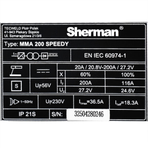 Spawarka inwertorowa Sherman MMA 200 Speedy - zestaw | 7811745-G