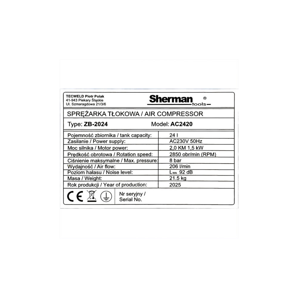 Kompresor tłokowy olejowy Sherman AC2420 / 1,5 kW / 230 V | 7813194