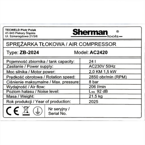 Kompresor tłokowy olejowy Sherman AC2420 / 1,5 kW / 230 V | 7813194