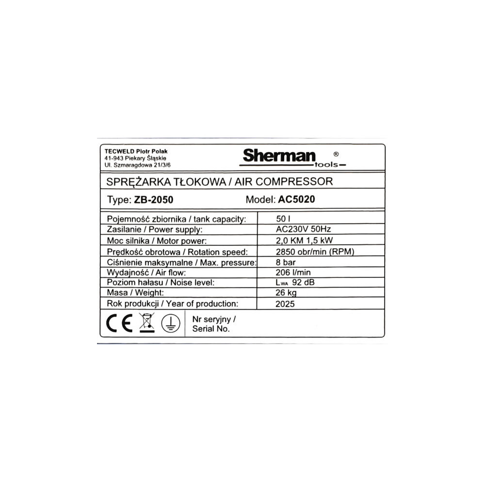Kompresor tłokowy olejowy Sherman AC5020 / 1,5 kW / 230 V | 7813195