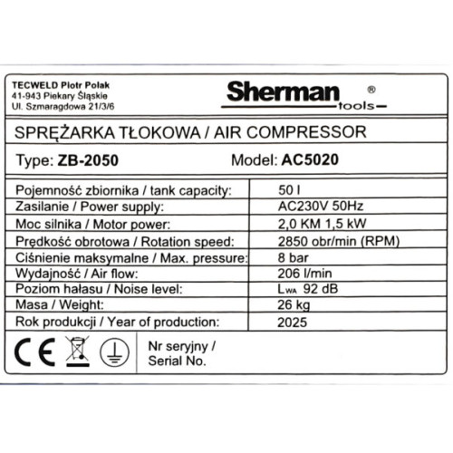 Kompresor tłokowy olejowy Sherman AC5020 / 1,5 kW / 230 V | 7813195