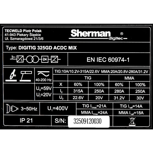 Spawarka Sherman DIGITIG 325GD AC/DC MIX - zestaw wodny - 7813267-G - Sherman - 15
