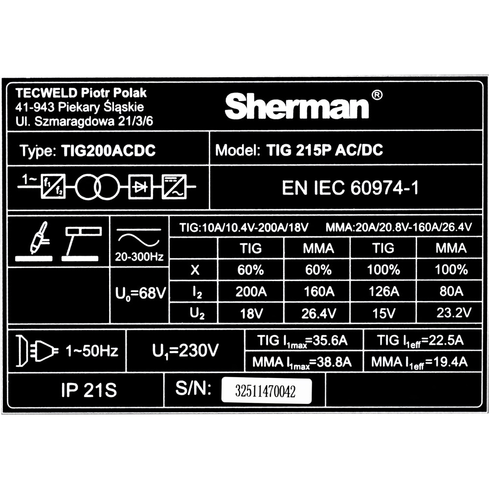 Spawarka Sherman TIG 215P AC/DC - zestaw | 7813312