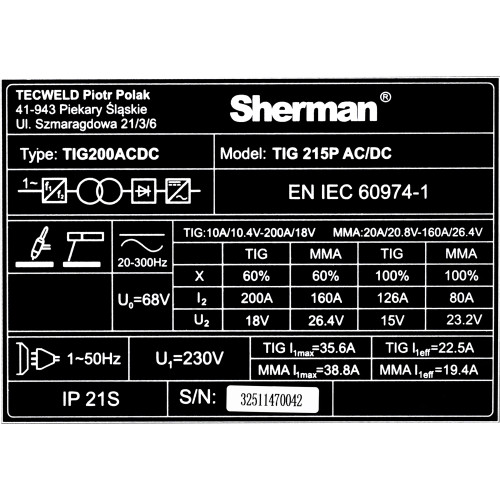 Spawarka Sherman TIG 215P AC/DC - zestaw | 7813312