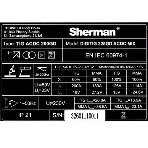 Spawarka Sherman DIGITIG 225GD AC/DC MIX - zestaw | 7813322
