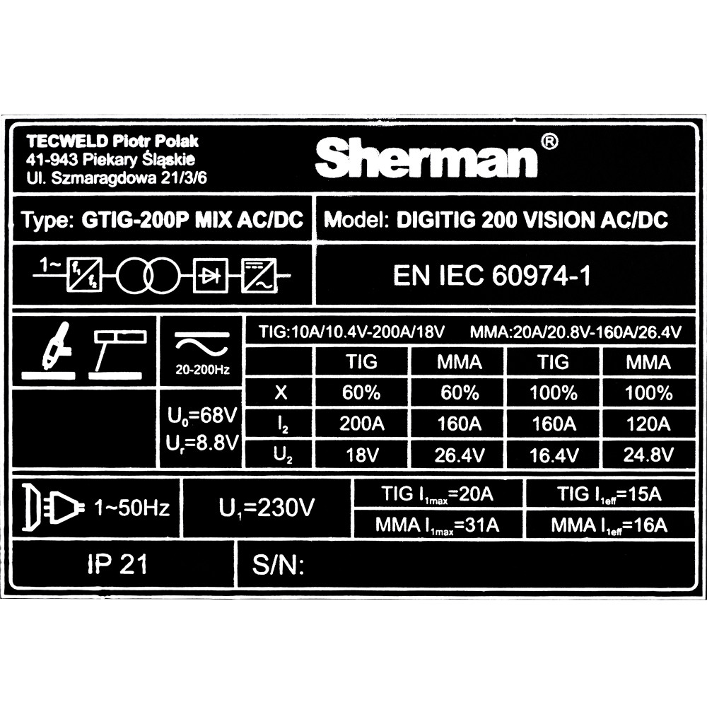 Spawarka Sherman DIGITIG 200 Vision AC/DC - zestaw | 7813400