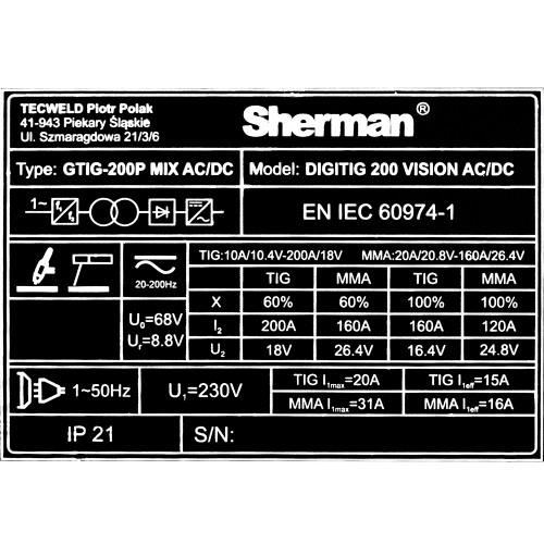 Spawarka Sherman DIGITIG 200 Vision AC/DC - zestaw | 7813400