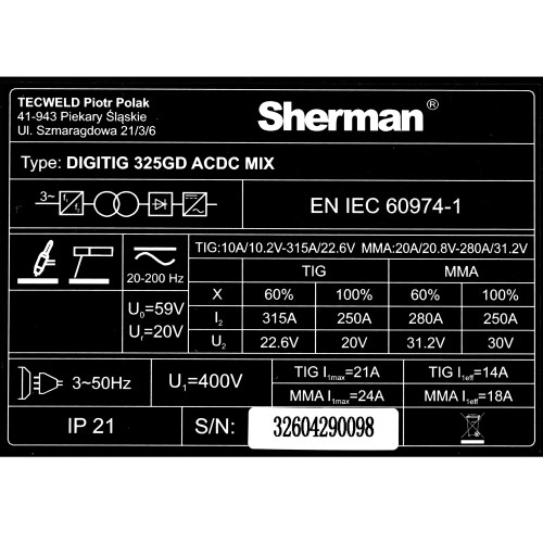 Spawarka Sherman DIGITIG 325GD AC/DC MIX - zestaw | 7813385