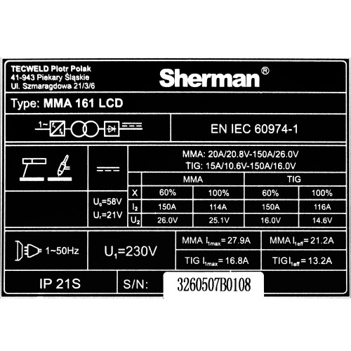 Spawarka Sherman MMA 161 LCD - zestaw | 7813412