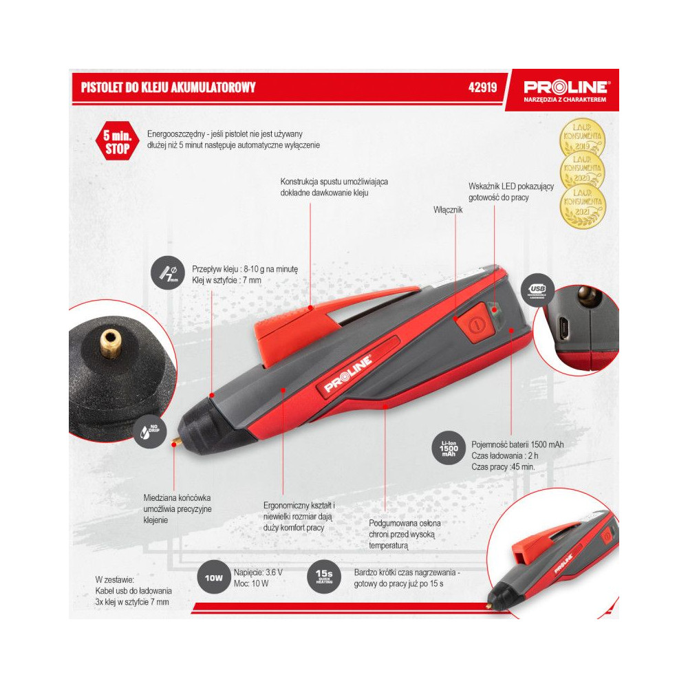 Pistolet klejowy akumulatorowy 10 W / 7 mm USB Proline - 42919 - Proline - 6