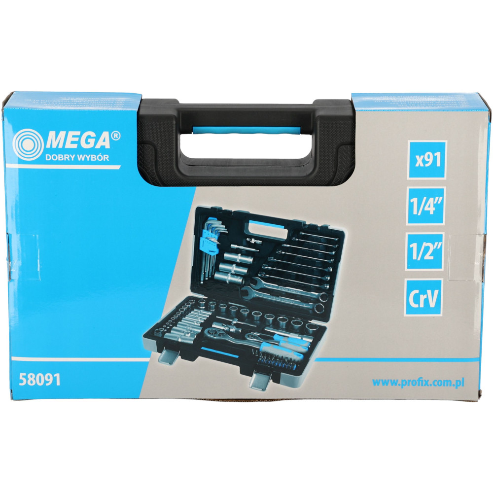 Zestaw kluczy płaskich i nasadowych 1/4" 1/2"  91 el. Mega - 58091 - Mega - 10